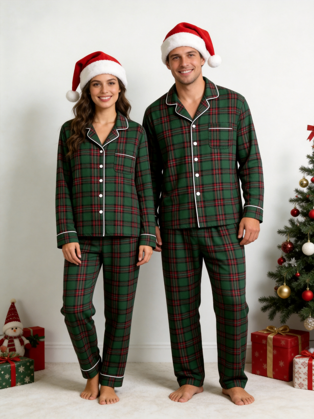 Women Christmas Pajamas - Dark Green & Red Tartan Plaid Button-Down Sleepwear