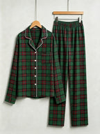 Women Christmas Pajamas - Dark Green & Red Tartan Plaid Button-Down Sleepwear