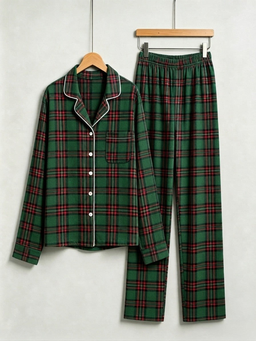Women Christmas Pajamas - Dark Green & Red Tartan Plaid Button-Down Sleepwear
