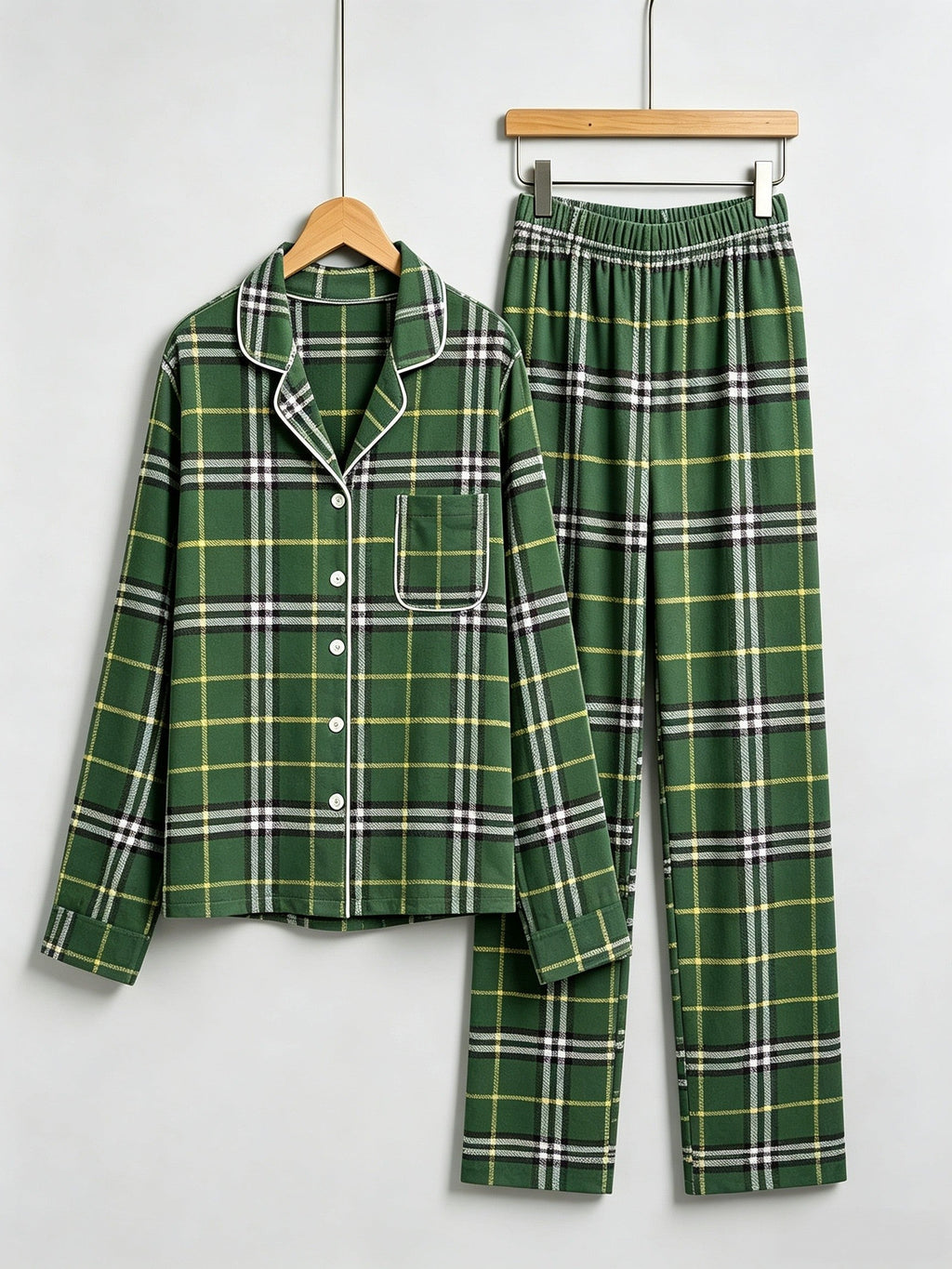 Women Christmas Pajamas - Green & White Windowpane Plaid Button-Down Set