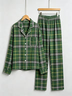 Women Christmas Pajamas - Green & White Windowpane Plaid Button-Down Set