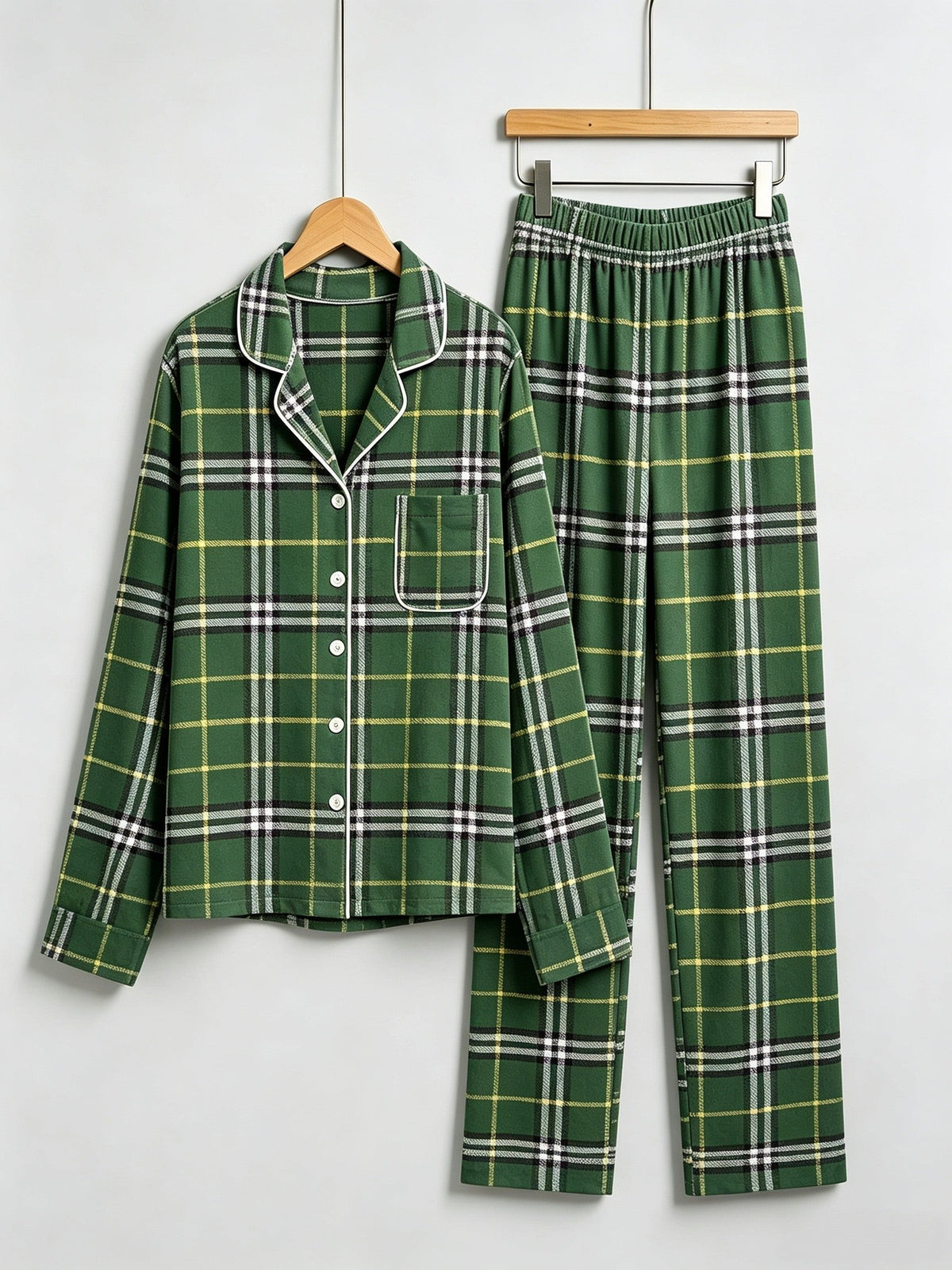Women Christmas Pajamas - Green & White Windowpane Plaid Button-Down Set