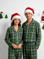 Women Christmas Pajamas - Green & White Windowpane Plaid Button-Down Set