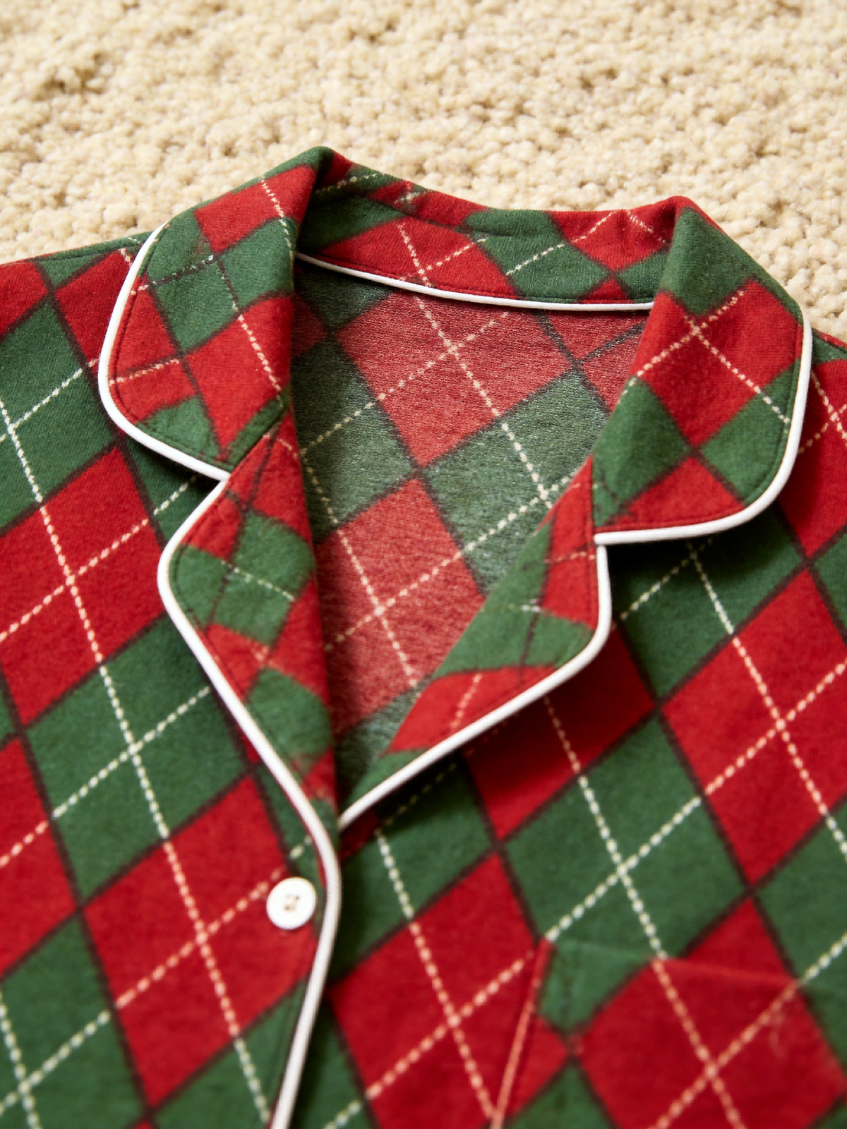 Women Christmas Pajamas - Red & Green Argyle Diamond Plaid Button-Down Sleep Set