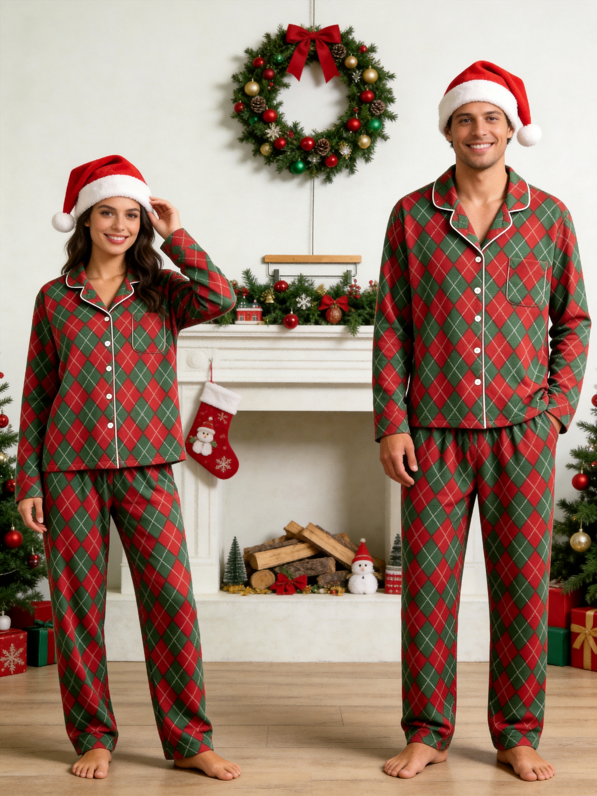 Women Christmas Pajamas - Red & Green Argyle Diamond Plaid Button-Down Sleep Set