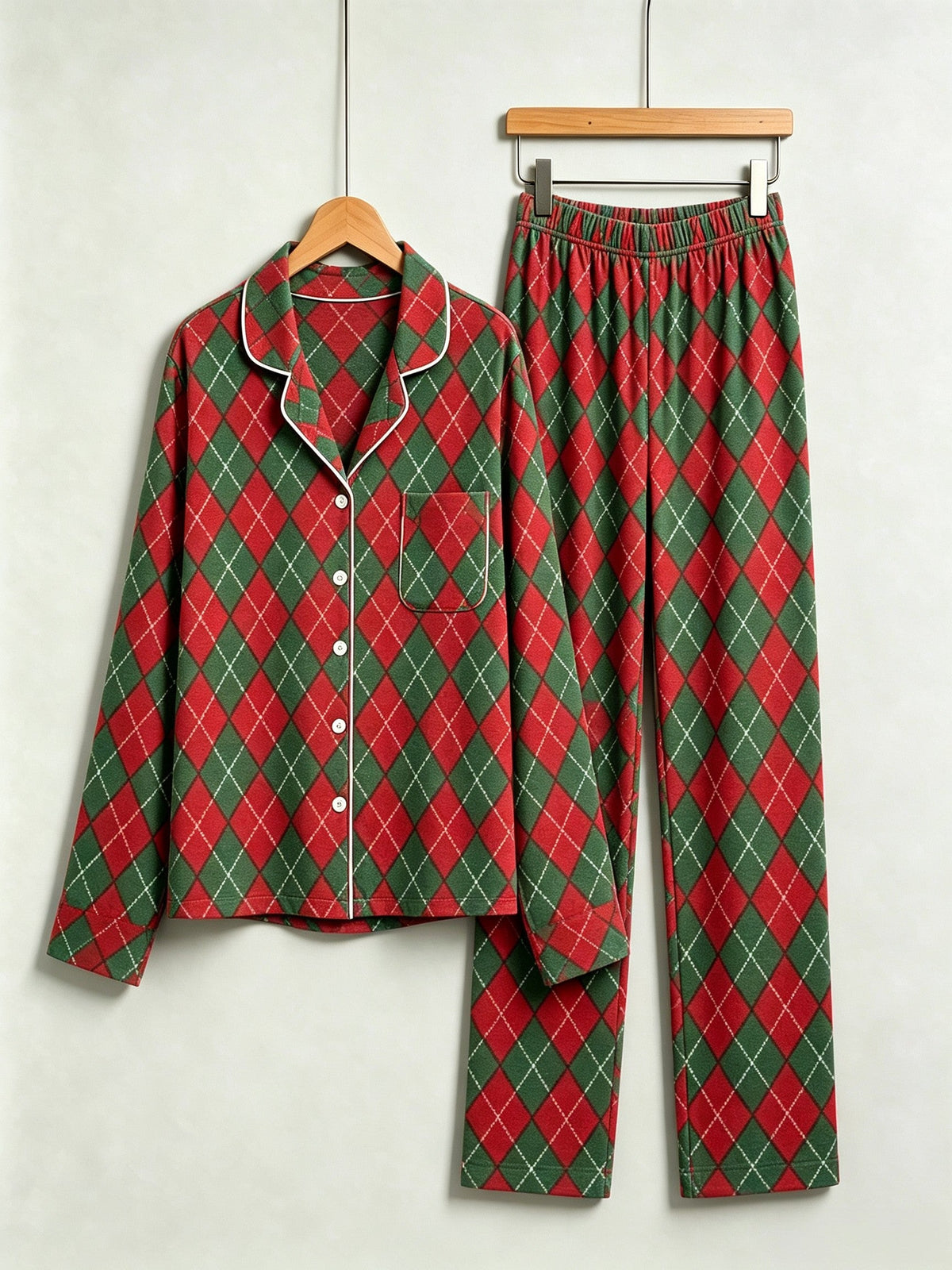 Women Christmas Pajamas - Red & Green Argyle Diamond Plaid Button-Down Sleep Set
