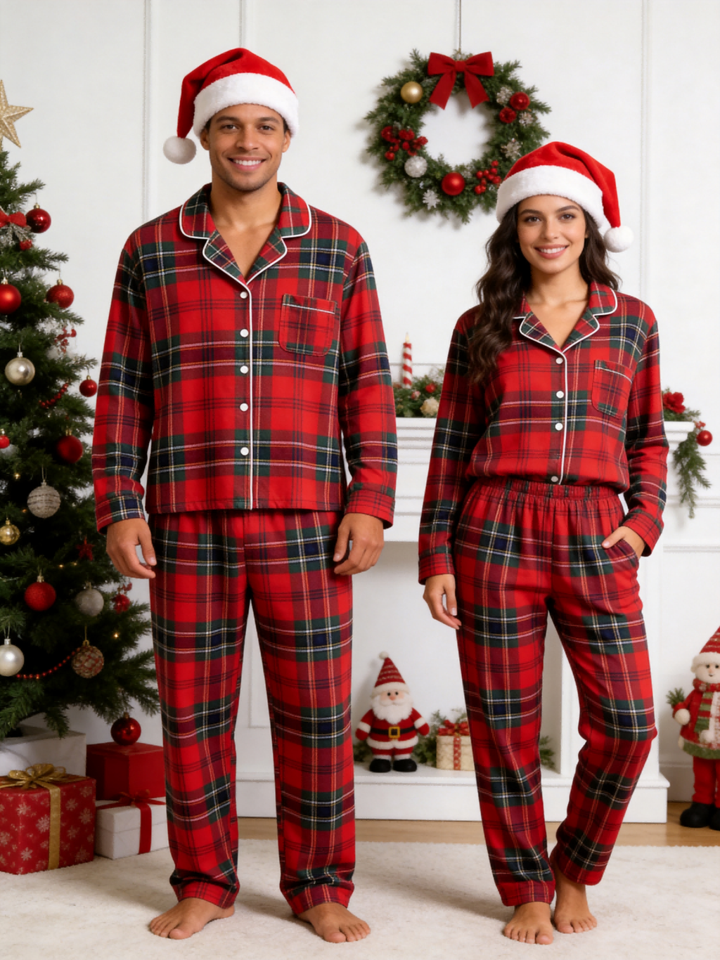 Women Christmas Pajamas - Bright Red & Green Tartan Plaid Button-Down Sleep Set