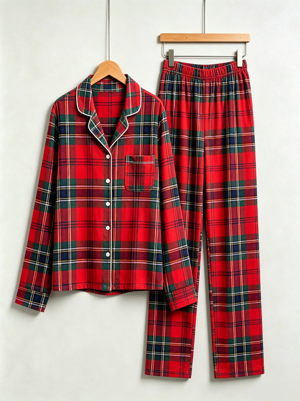Women Christmas Pajamas - Bright Red & Green Tartan Plaid Button-Down Sleep Set