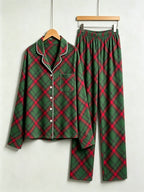 Women Christmas Pajamas - Dark Green & Red Diagonal Plaid Button-Down Set