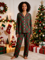 Women Christmas Pajamas - Dark Green & Red Diagonal Plaid Button-Down Set