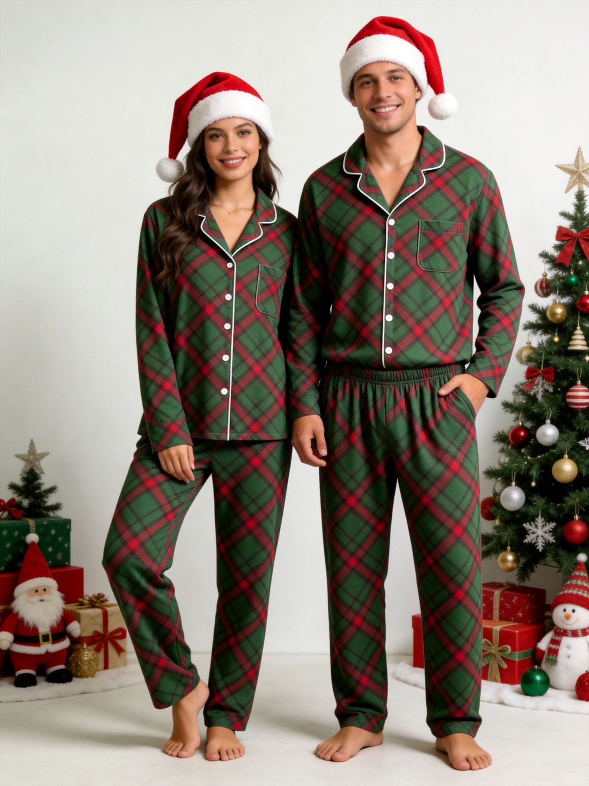Women Christmas Pajamas - Dark Green & Red Diagonal Plaid Button-Down Set