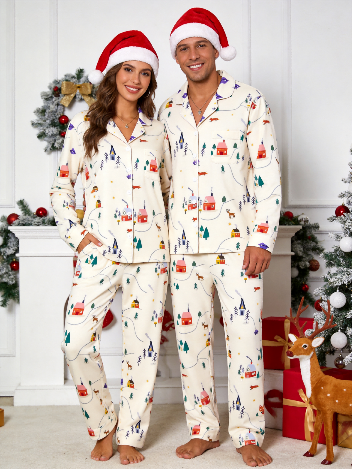 Women Christmas Pajamas - Cozy Winter Village & Deer Print Button-Down Sleepwear
