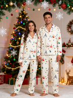 Women Christmas Pajamas - Cozy Winter Village & Deer Print Button-Down Sleepwear