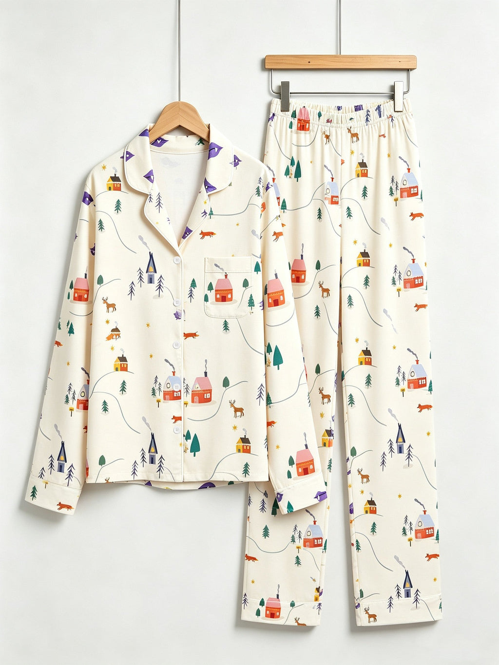Women Christmas Pajamas - Cozy Winter Village & Deer Print Button-Down Sleepwear