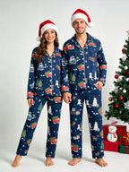 Women Christmas Pajamas - Navy Blue Holiday Car & Snowman Print Button-Down PJs