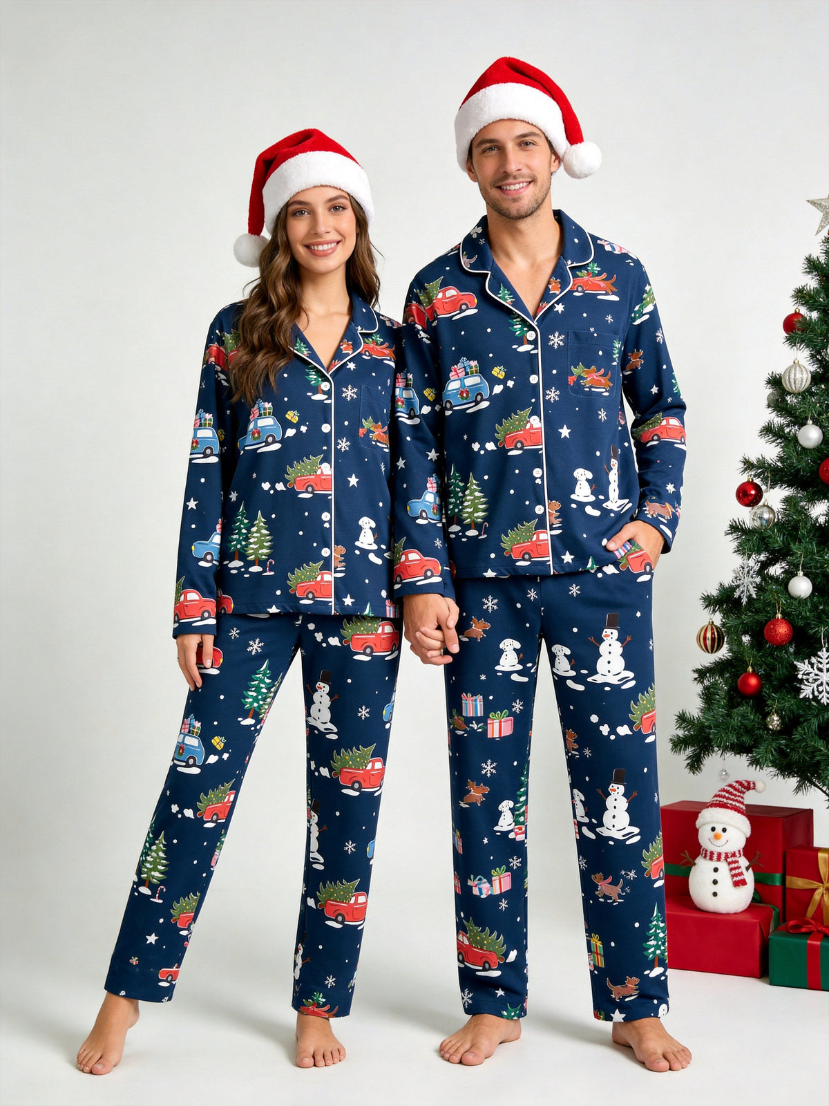 Women Christmas Pajamas - Navy Blue Holiday Car & Snowman Print Button-Down PJs