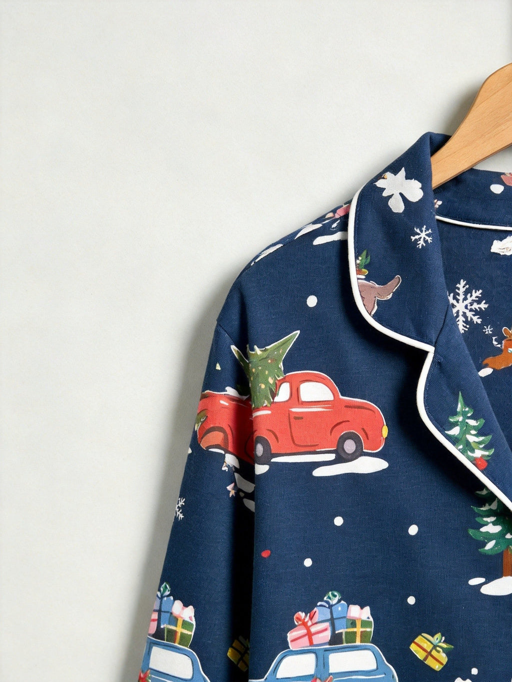 Women Christmas Pajamas - Navy Blue Holiday Car & Snowman Print Button-Down PJs