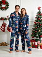 Women Christmas Pajamas - Navy Blue Holiday Car & Snowman Print Button-Down PJs
