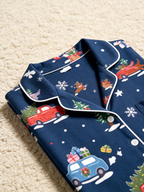 Women Christmas Pajamas - Navy Blue Holiday Car & Snowman Print Button-Down PJs