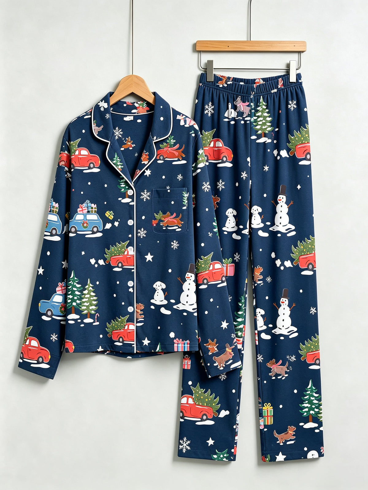 Women Christmas Pajamas - Navy Blue Holiday Car & Snowman Print Button-Down PJs