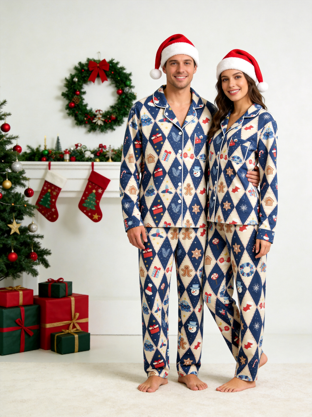 Women Christmas Pajamas - Blue Diamond Print Gingerbread Man & Gift Button-Down Set