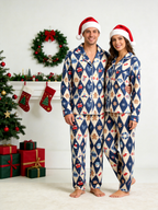 Women Christmas Pajamas - Blue Diamond Print Gingerbread Man & Gift Button-Down Set
