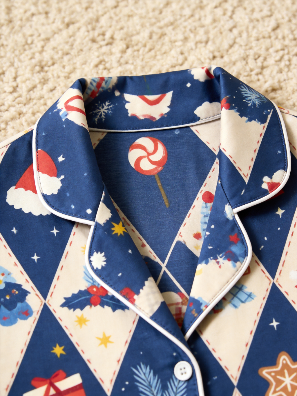 Women Christmas Pajamas - Blue Diamond Print Gingerbread Man & Gift Button-Down Set