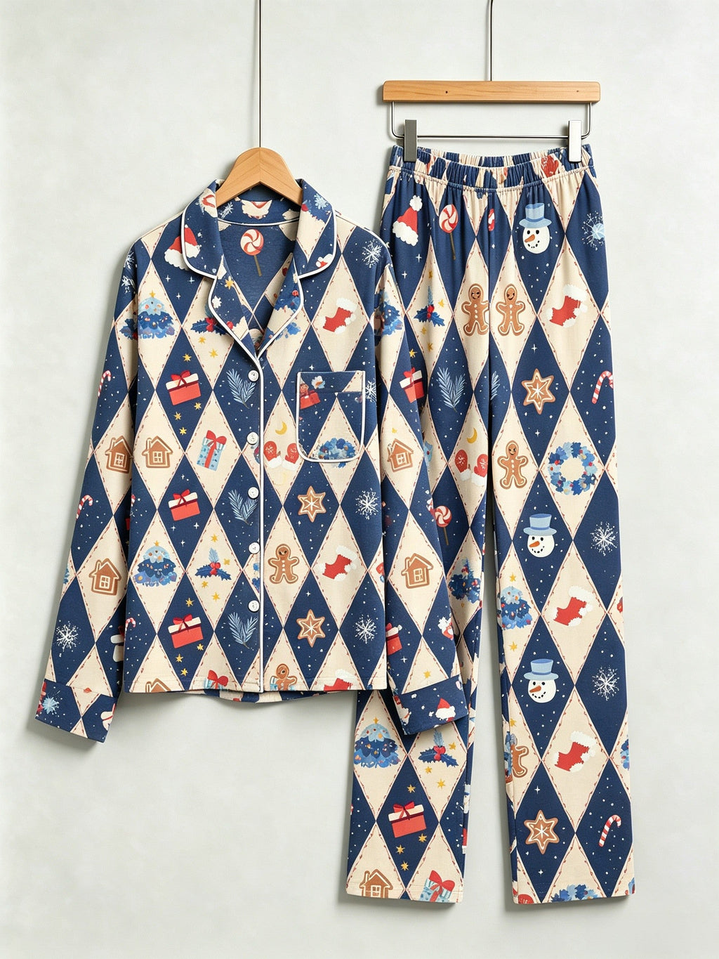 Women Christmas Pajamas - Blue Diamond Print Gingerbread Man & Gift Button-Down Set