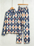 Women Christmas Pajamas - Blue Diamond Print Gingerbread Man & Gift Button-Down Set