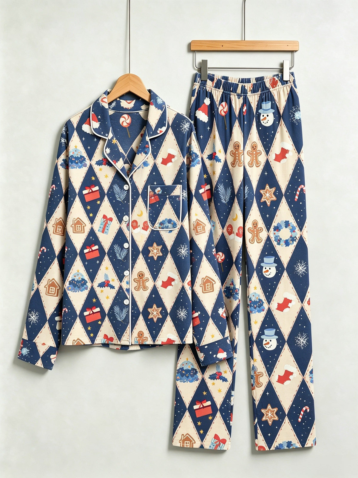 Women Christmas Pajamas - Blue Diamond Print Gingerbread Man & Gift Button-Down Set