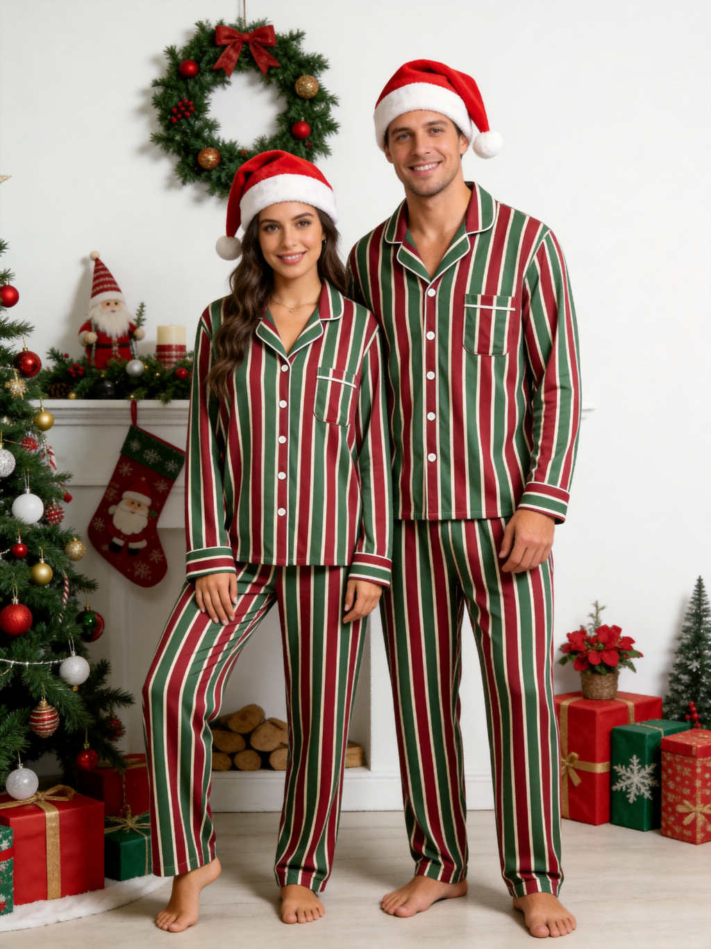 Women Christmas Pajamas - Red & Green Vertical Striped Button-Down Sleep Set