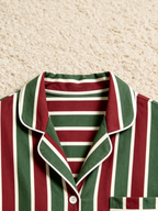 Women Christmas Pajamas - Red & Green Vertical Striped Button-Down Sleep Set
