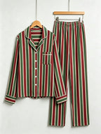 Women Christmas Pajamas - Red & Green Vertical Striped Button-Down Sleep Set