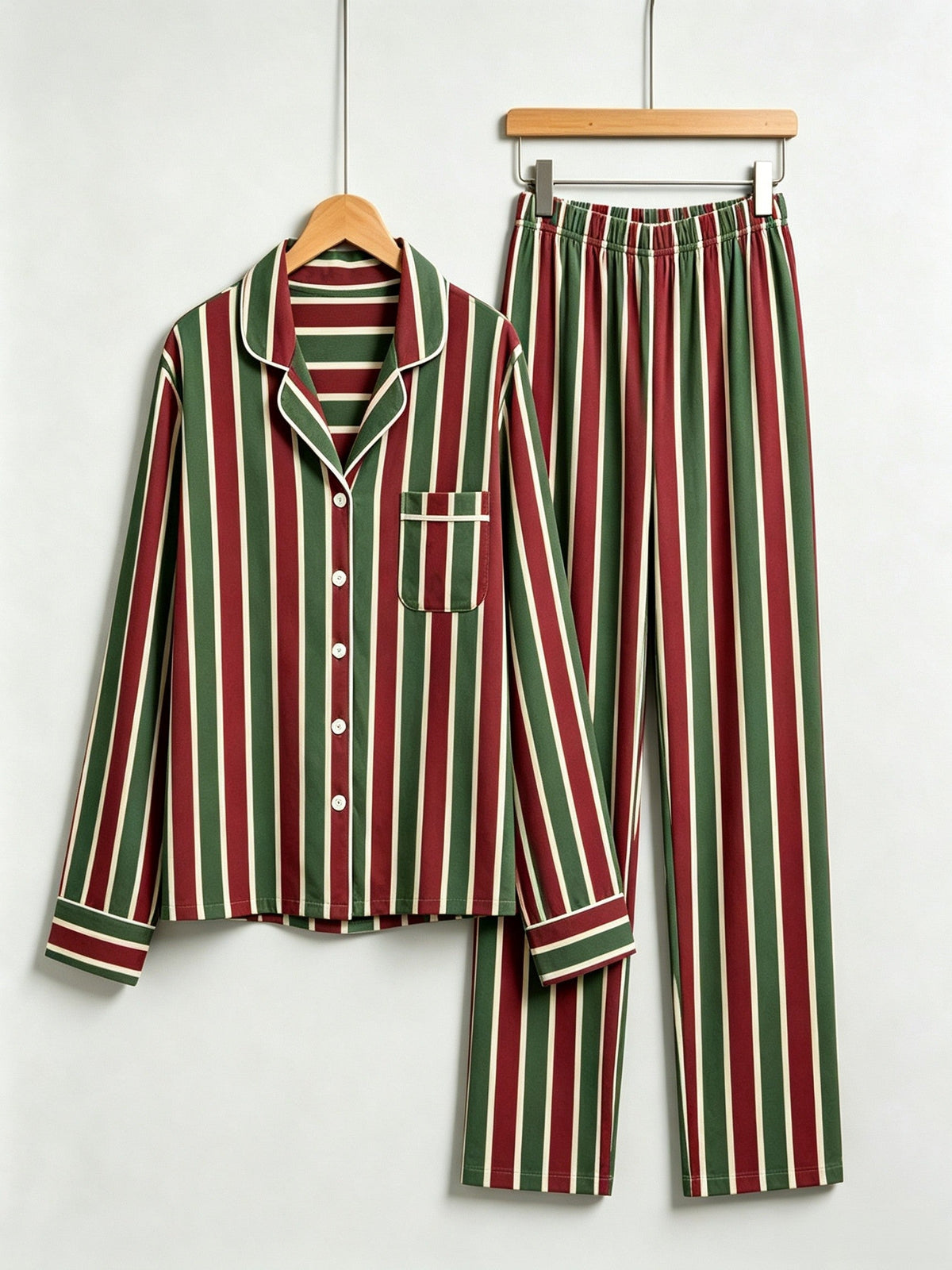 Women Christmas Pajamas - Red & Green Vertical Striped Button-Down Sleep Set