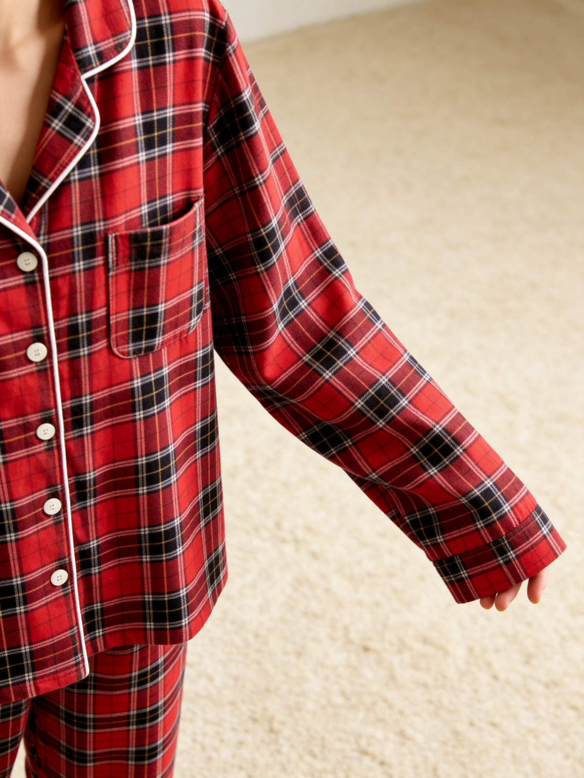 Women Christmas Pajamas - Red & Black Tartan Plaid Button-Down Sleep Set