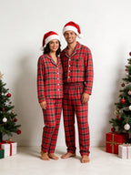 Women Christmas Pajamas - Red & Black Tartan Plaid Button-Down Sleep Set