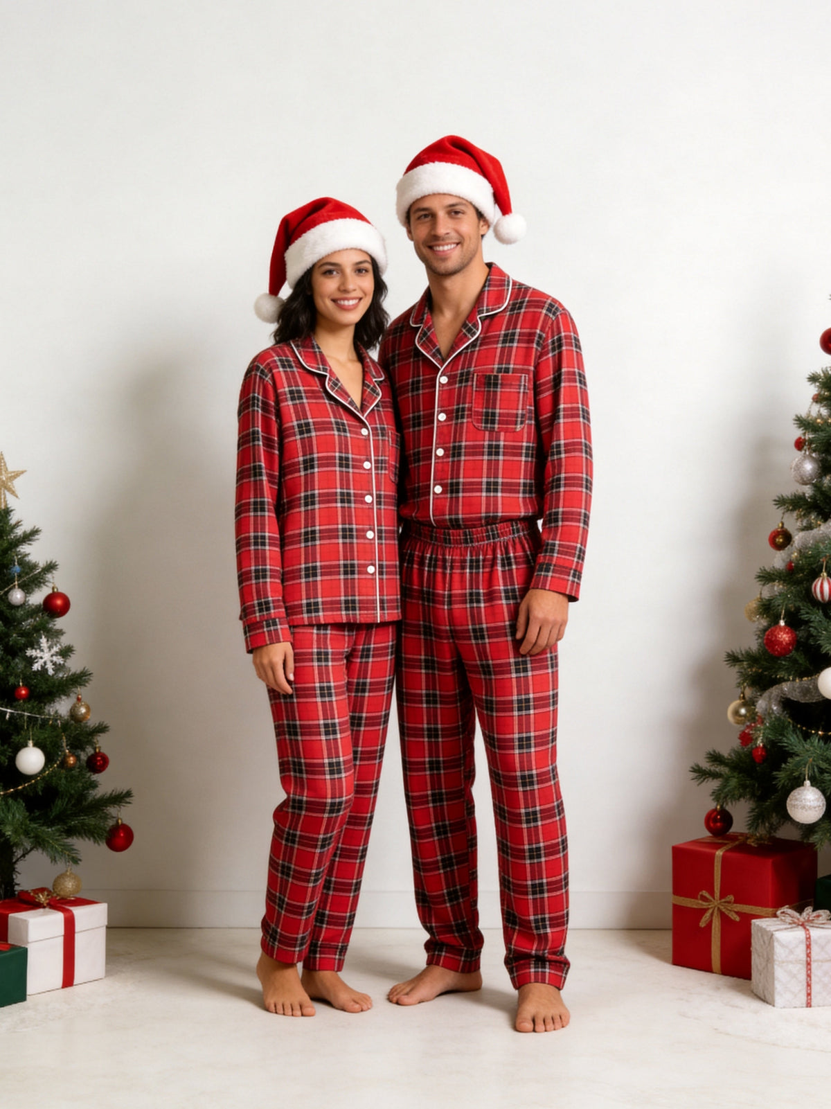 Women Christmas Pajamas - Red & Black Tartan Plaid Button-Down Sleep Set