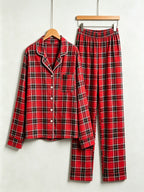 Women Christmas Pajamas - Red & Black Tartan Plaid Button-Down Sleep Set