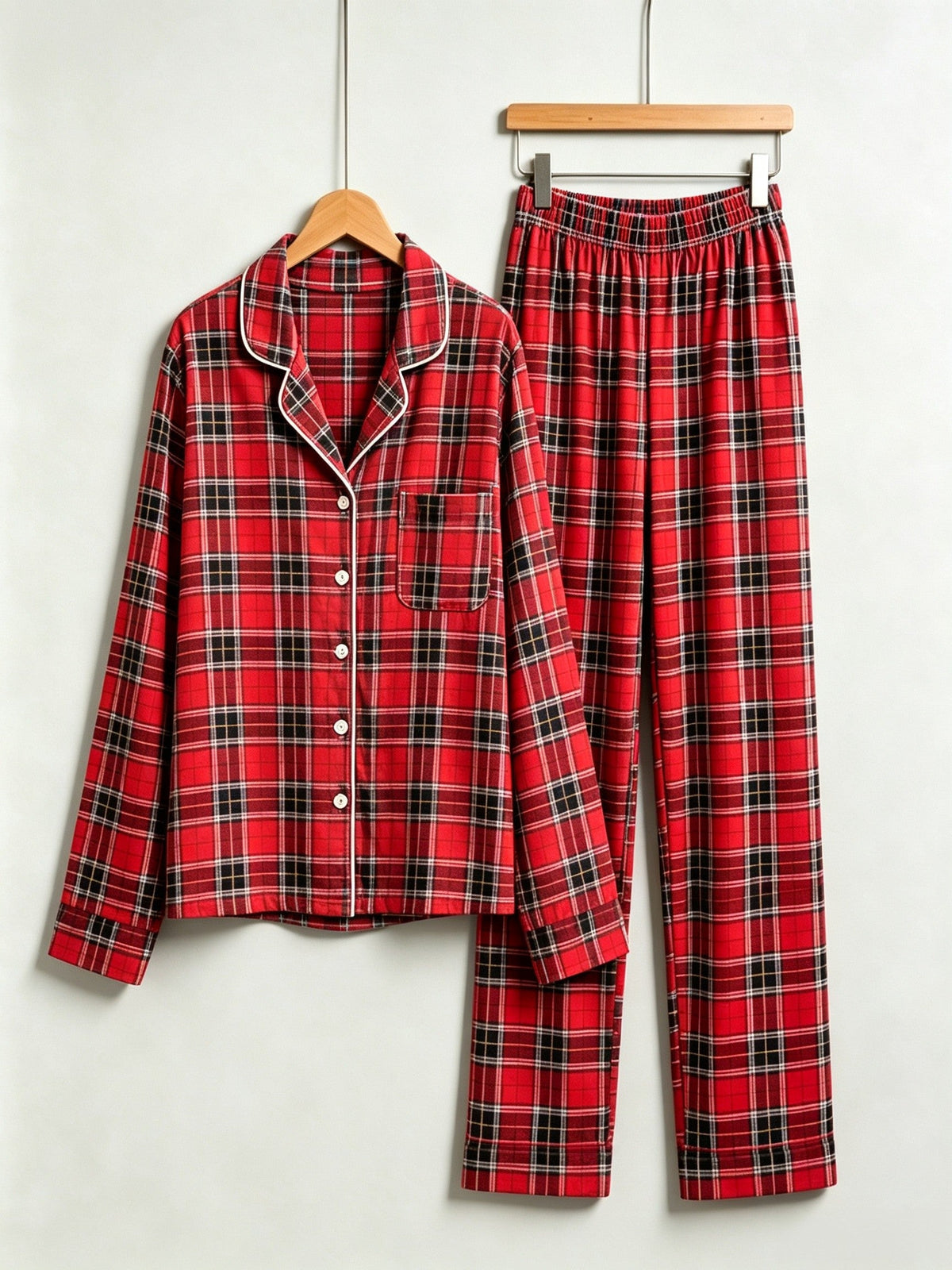 Women Christmas Pajamas - Red & Black Tartan Plaid Button-Down Sleep Set