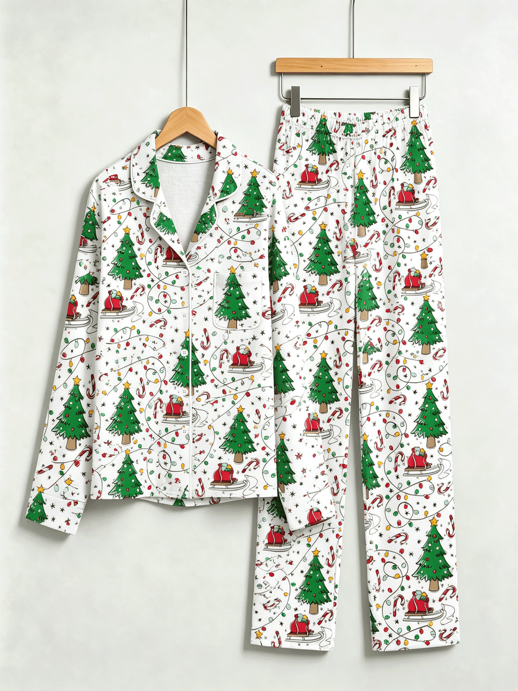 Women Christmas Pajamas - White Christmas Tree & Santa Sleigh Print Sleep Set