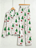Women Christmas Pajamas - White Christmas Tree & Santa Sleigh Print Sleep Set