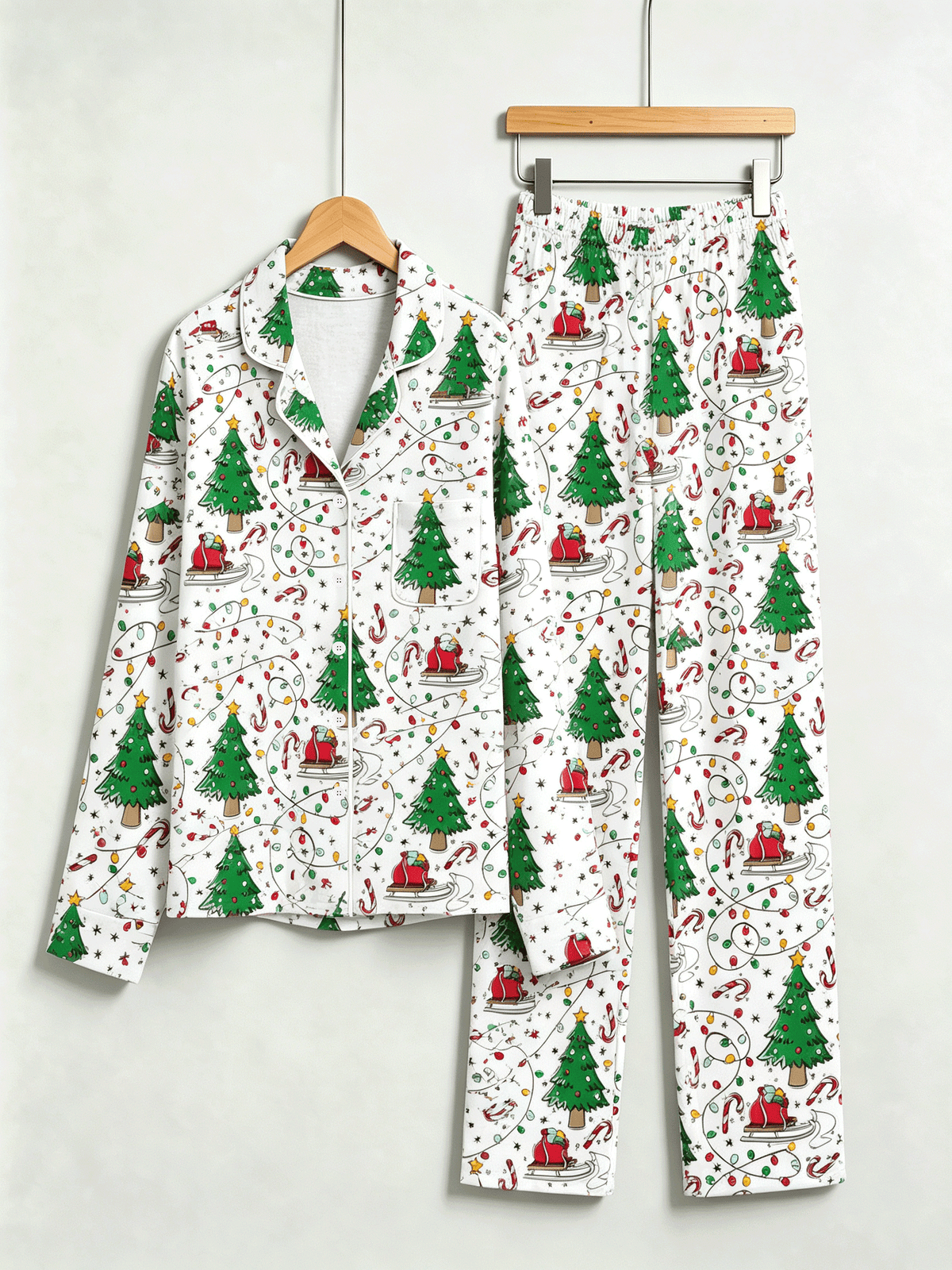 Women Christmas Pajamas - White Christmas Tree & Santa Sleigh Print Sleep Set