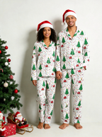 Women Christmas Pajamas - White Christmas Tree & Santa Sleigh Print Sleep Set