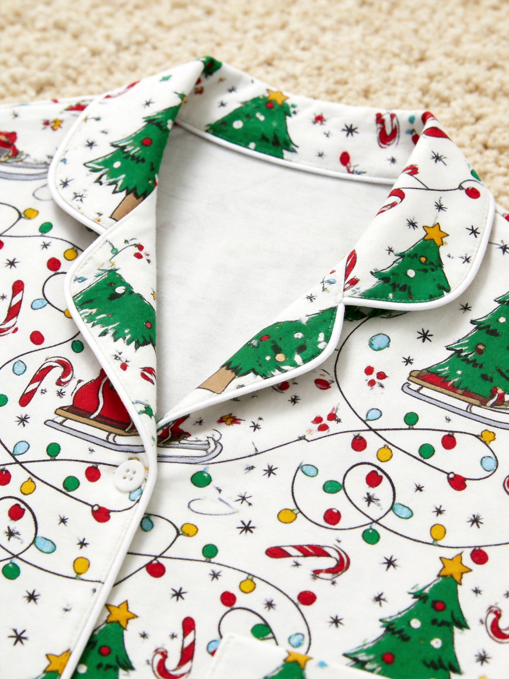 Women Christmas Pajamas - White Christmas Tree & Santa Sleigh Print Sleep Set