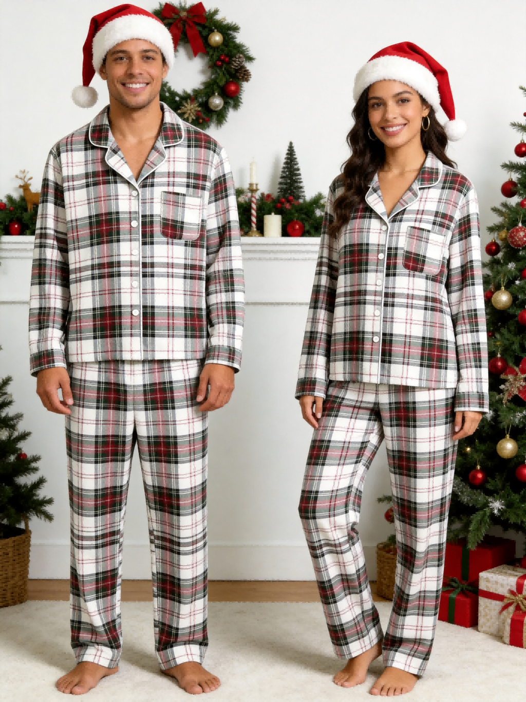 Women Christmas Pajamas - Red, Green & White Tartan Plaid Button-Down Set