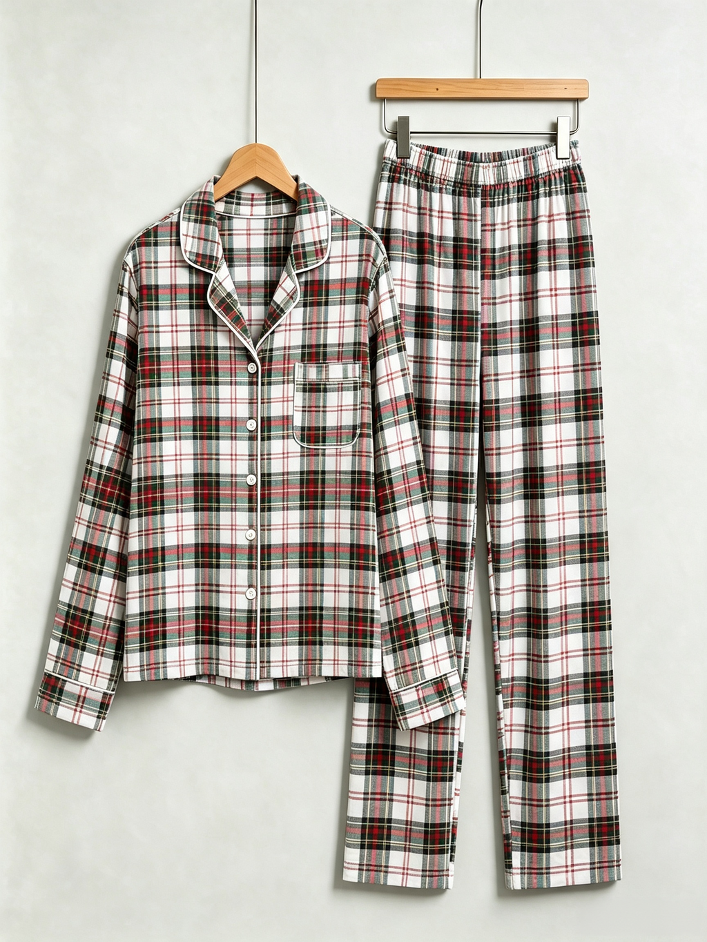 Women Christmas Pajamas - Red, Green & White Tartan Plaid Button-Down Set