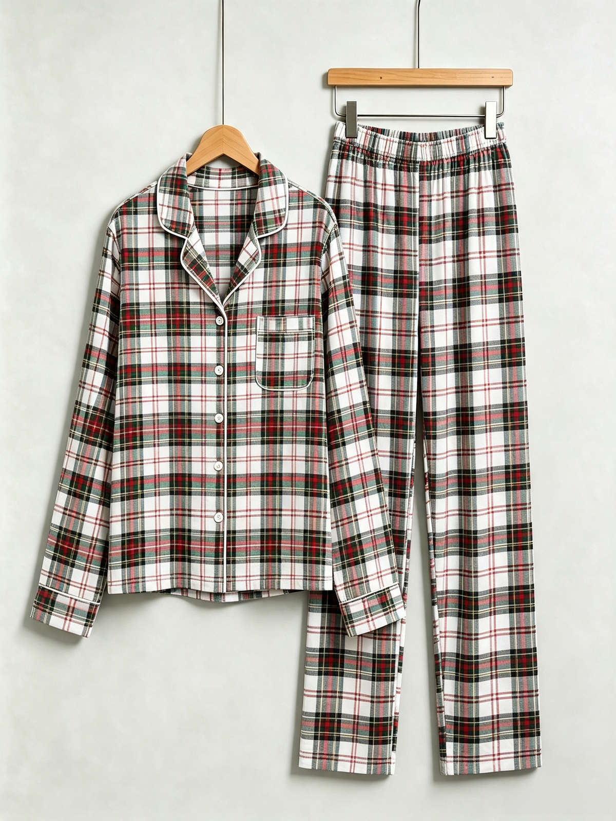 Women Christmas Pajamas - Red, Green & White Tartan Plaid Button-Down Set
