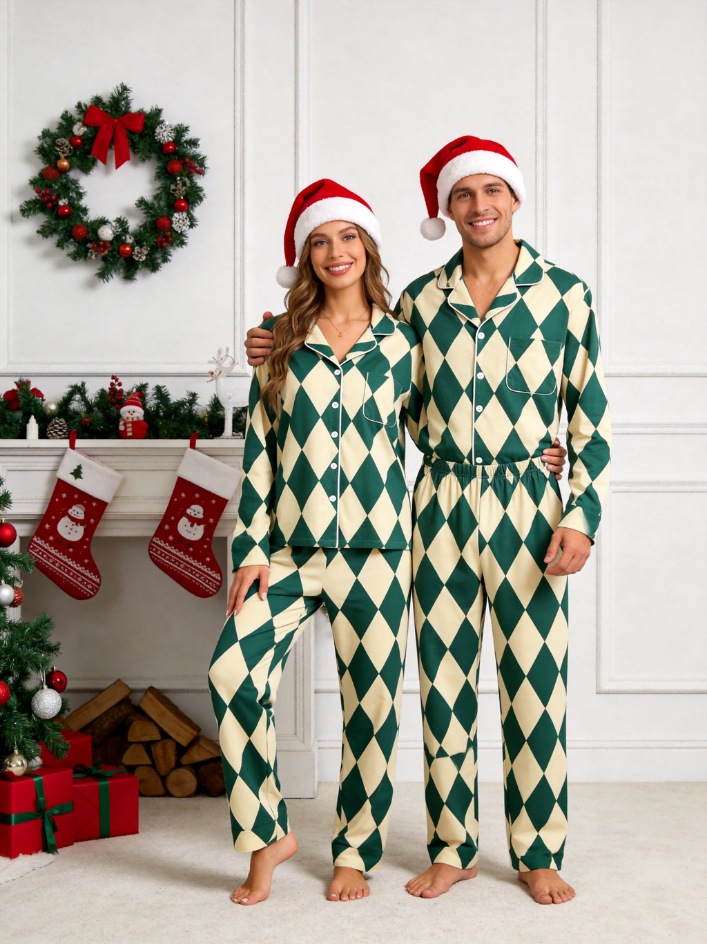 Women Christmas Pajamas - Dark Green & Beige Argyle Diamond Plaid Sleep Set