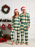 Women Christmas Pajamas - Dark Green & Beige Argyle Diamond Plaid Sleep Set