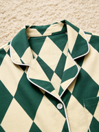 Women Christmas Pajamas - Dark Green & Beige Argyle Diamond Plaid Sleep Set